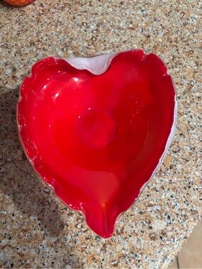 Vintage Mid Century Japanese Cased Art Glass Heart Dish Red White MCM